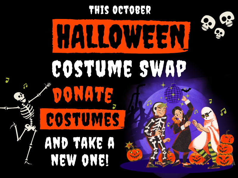 image of kids in costume dancing. text read this halloween costume swap donate costumes and take a new one!