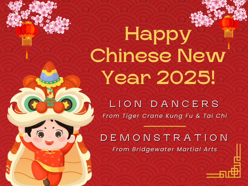 image of child with lion dancers. text reads happy chinese new year 2025. lion dancers from tiger crane kung fu and tai chi. demonstration from bridgewarter martial arts. 